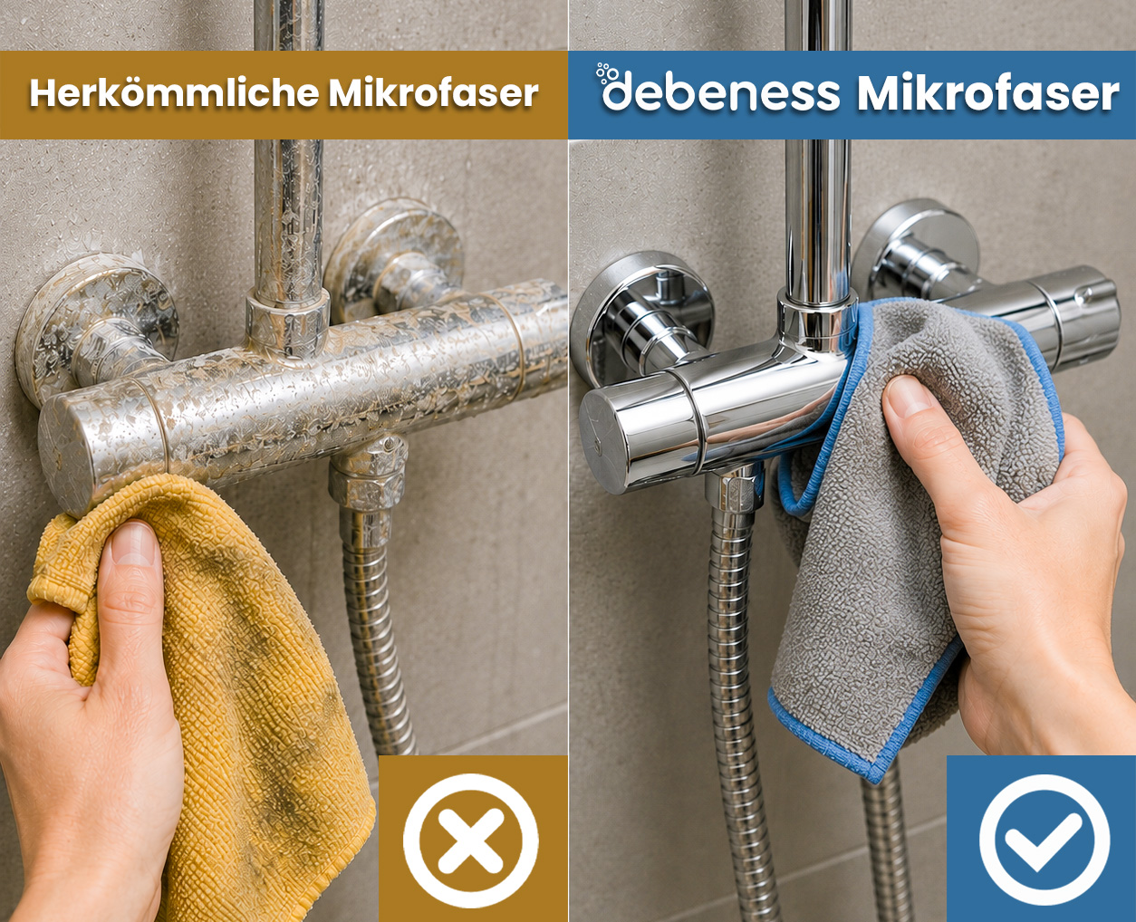 Vergleich: Herkömmliche Mikrofaser mit Kalkrückständen vs. debeness Mikrofaser mit glänzender Armatur